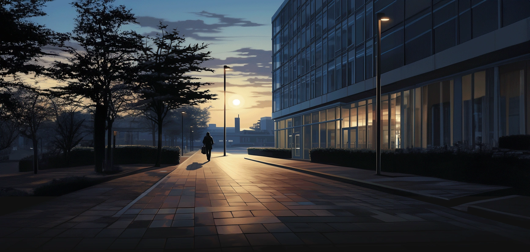an early morning in an office district with in the distance a man walking to the office