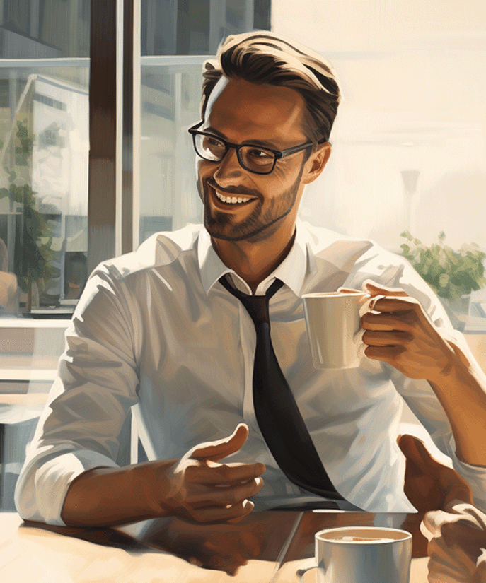 Two men in suits talking over a cup of coffee