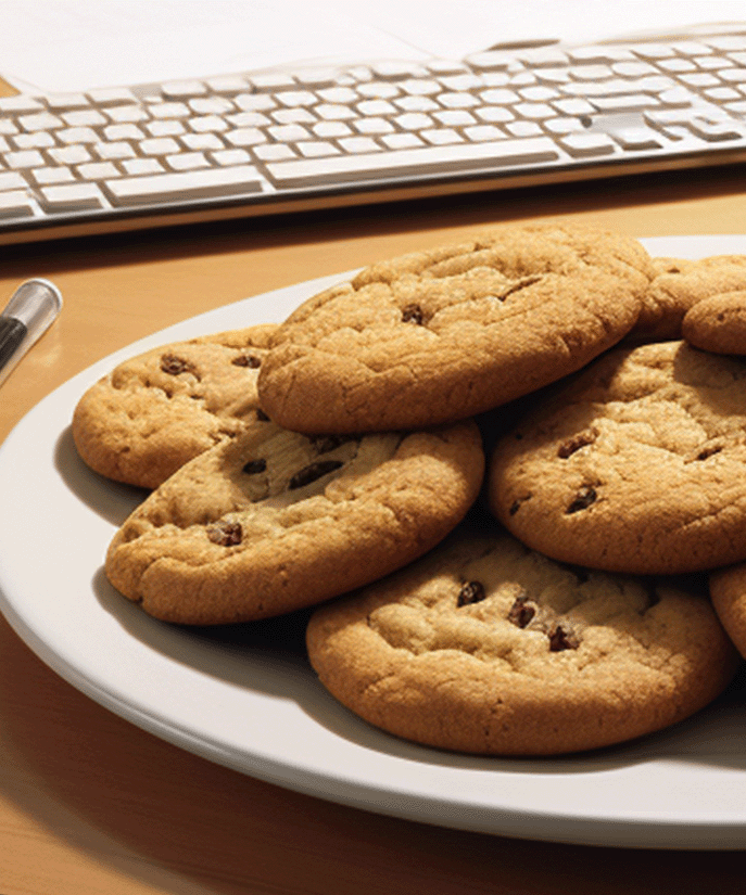a plate of cookies on an office desk with papers