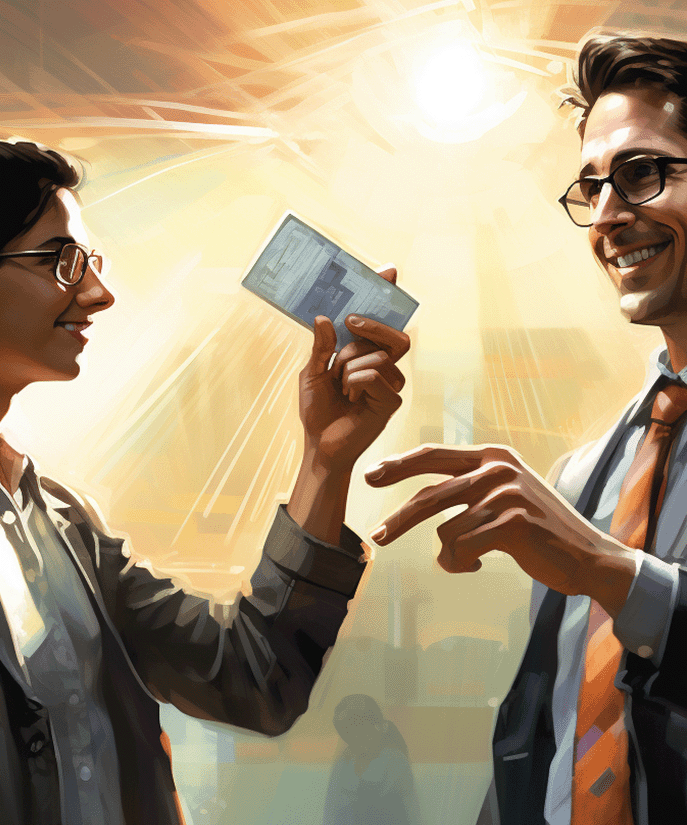 a woman in a suit holding an access card and offering it to a man in suit