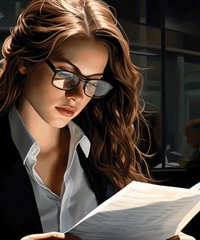 A female lawyer wearing glasses, reading through papers